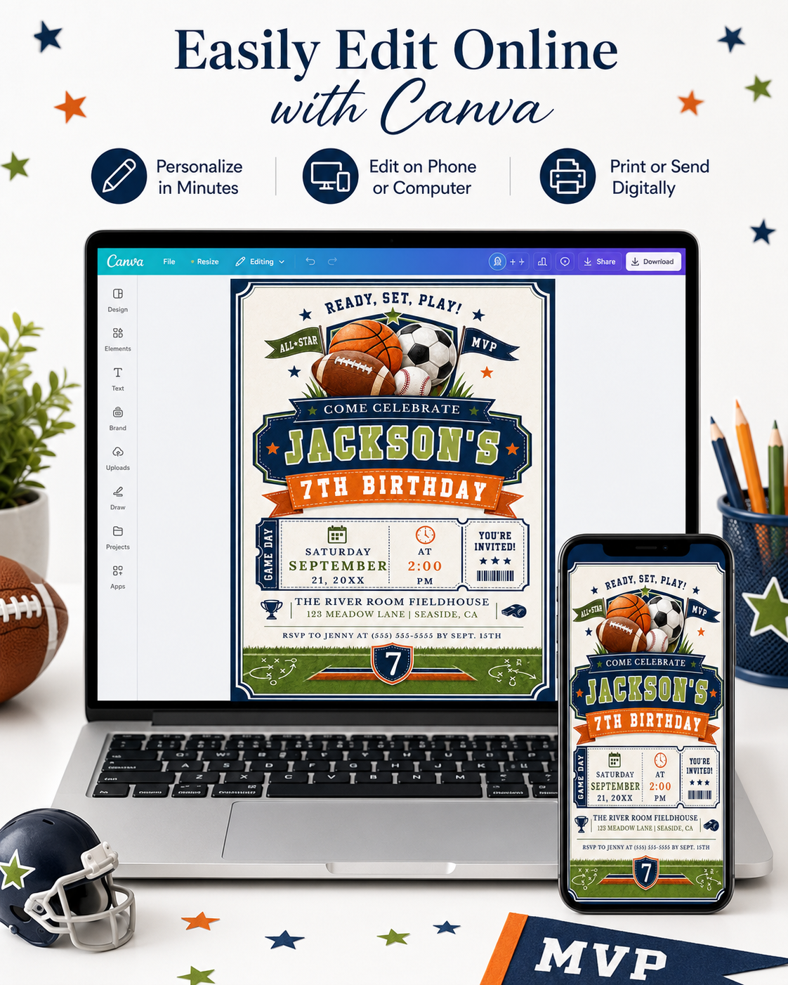 All-star birthday invitation with soccer ball, basketball, football, baseball, varsity lettering, pennant flags, stars, whistle, foam finger, and navy green red sports details