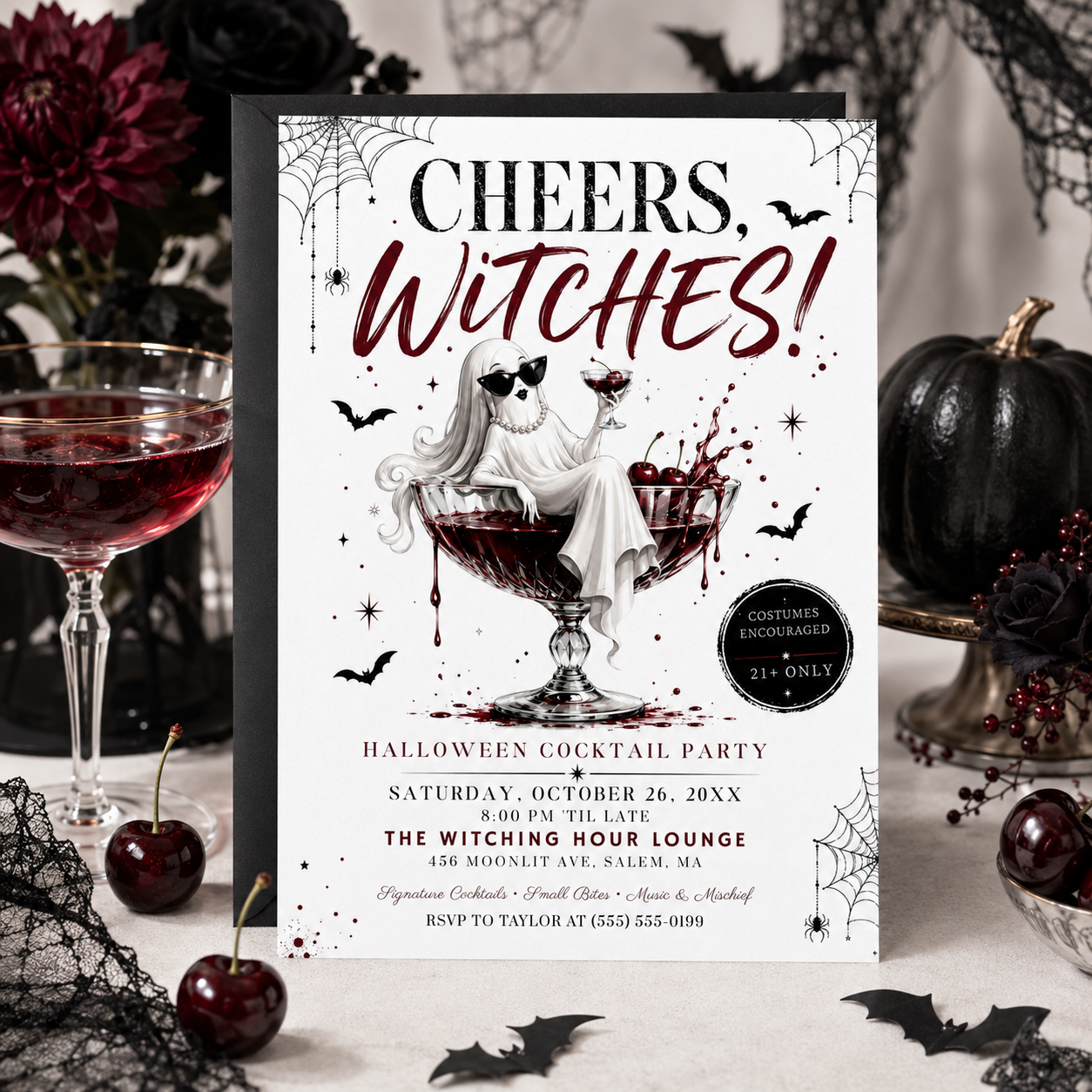 Cheers Witches Halloween party invitation with glamorous ghost in coupe glass, dark red cocktail, cherries, bats, spiderwebs, and adult Halloween party details