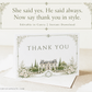 Elegant European style wedding folded thank you card template with watercolor stone building, white roses, cypress trees and sage green ornate border, editable in Canva