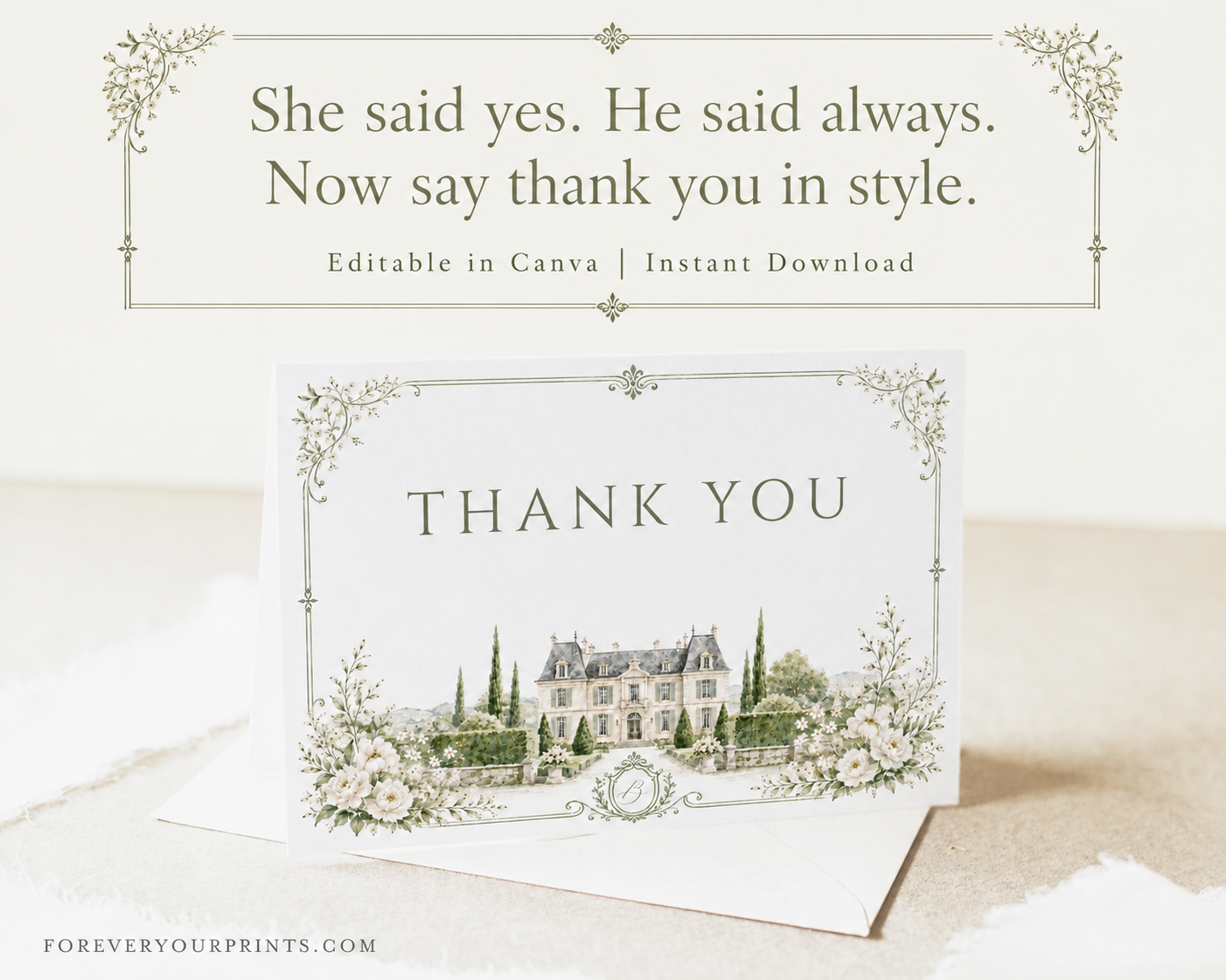 Elegant European style wedding folded thank you card template with watercolor stone building, white roses, cypress trees and sage green ornate border, editable in Canva