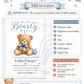 We can bearly wait baby shower invitation with watercolor teddy bear, blue bow tie, stitched star pillow, scalloped border, and soft blue baby boy details