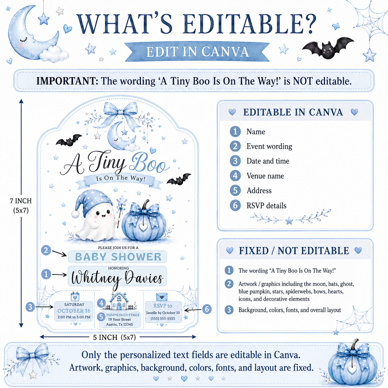 Tiny boo baby shower invitation with cute ghost, blue pumpkin, bats, crescent moon, stars, spiderweb accents, bow details, and soft Halloween baby boy design