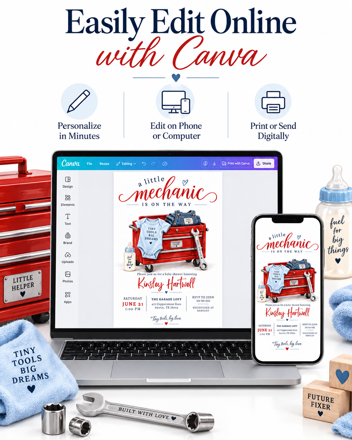 Little mechanic baby shower invitation with red tool chest, wrench, baby overalls, bodysuit, bottle, and garage-themed baby boy shower details