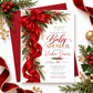 Christmas baby shower invitation with a large red bow and flowing ribbon, green holly, red berries, evergreen branches, and gold lettering on a white background