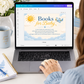 Editable here comes the son books for baby card Canva template with smiling sun, blue toy airplane, fluffy clouds, and navy and golden script typography on a warm cream background, landscape orientation
