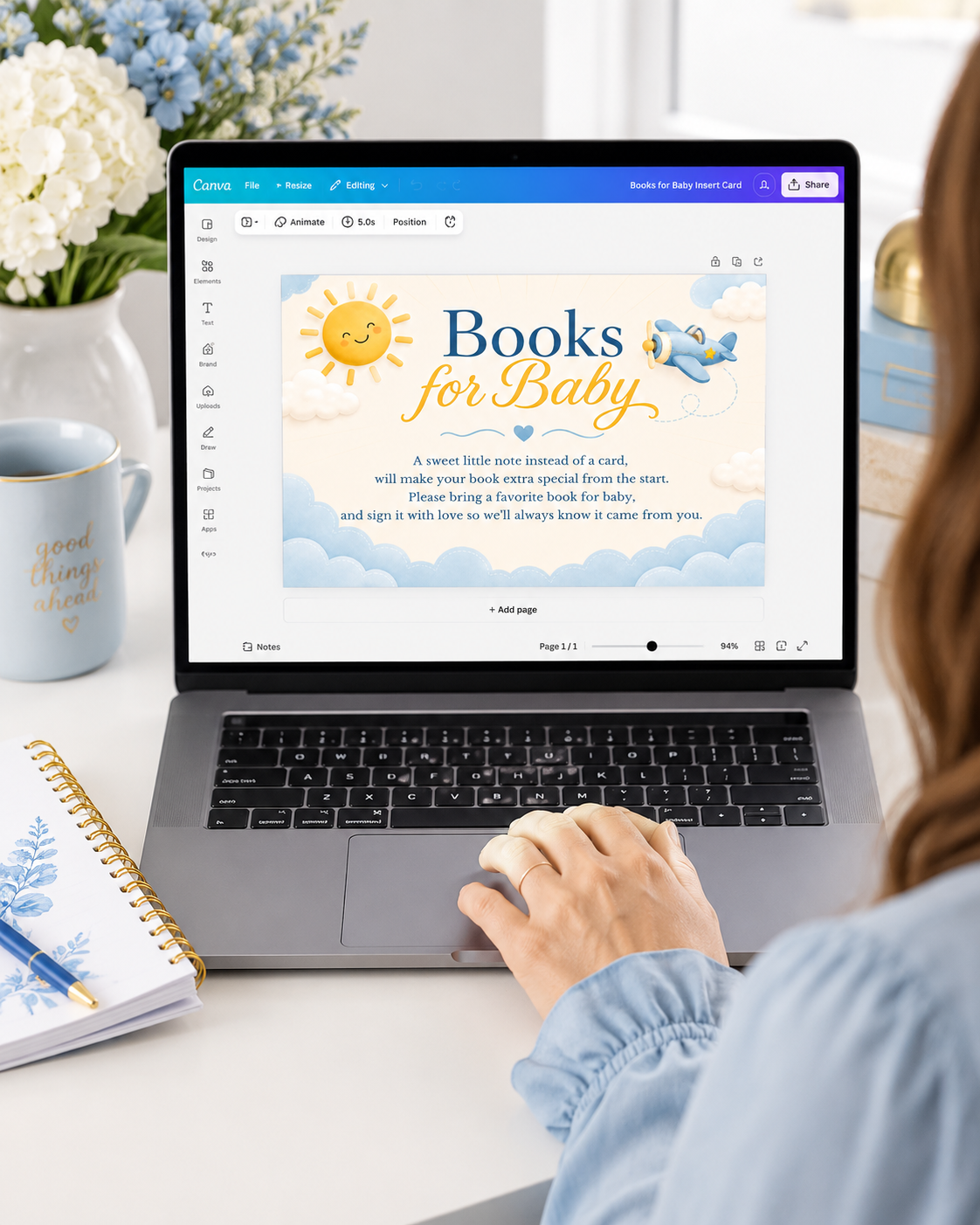 Editable here comes the son books for baby card Canva template with smiling sun, blue toy airplane, fluffy clouds, and navy and golden script typography on a warm cream background, landscape orientation