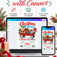Christmas toy drive invitation with a red wagon filled with wrapped gifts, teddy bear, toy fire truck, colorful lights and festive holiday greenery