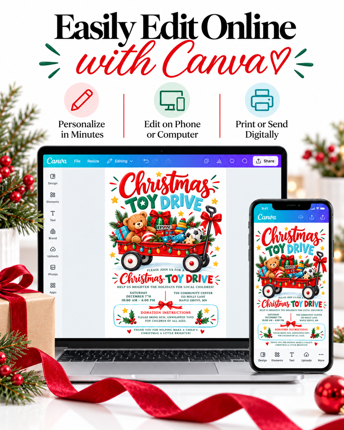 Christmas toy drive invitation with a red wagon filled with wrapped gifts, teddy bear, toy fire truck, colorful lights and festive holiday greenery
