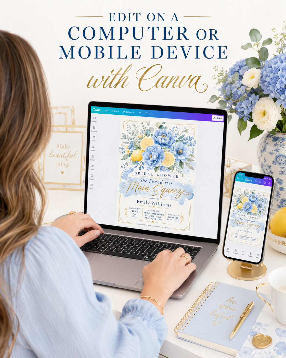 Main squeeze bridal shower invitation with blue peonies, lemons, and citrus slices in dusty blue and yellow