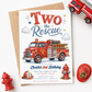 Two the Rescue second birthday invitation featuring a red fire truck, firefighter helmet, fire hydrant, clouds and stars in red, blue and gold.