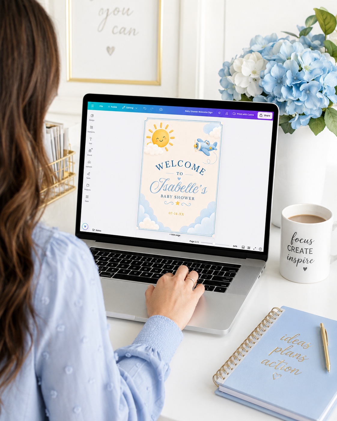 Editable here comes the son baby shower welcome sign Canva template with smiling sun, blue toy airplane, fluffy clouds, arched navy typography, and flowing script on a warm cream background