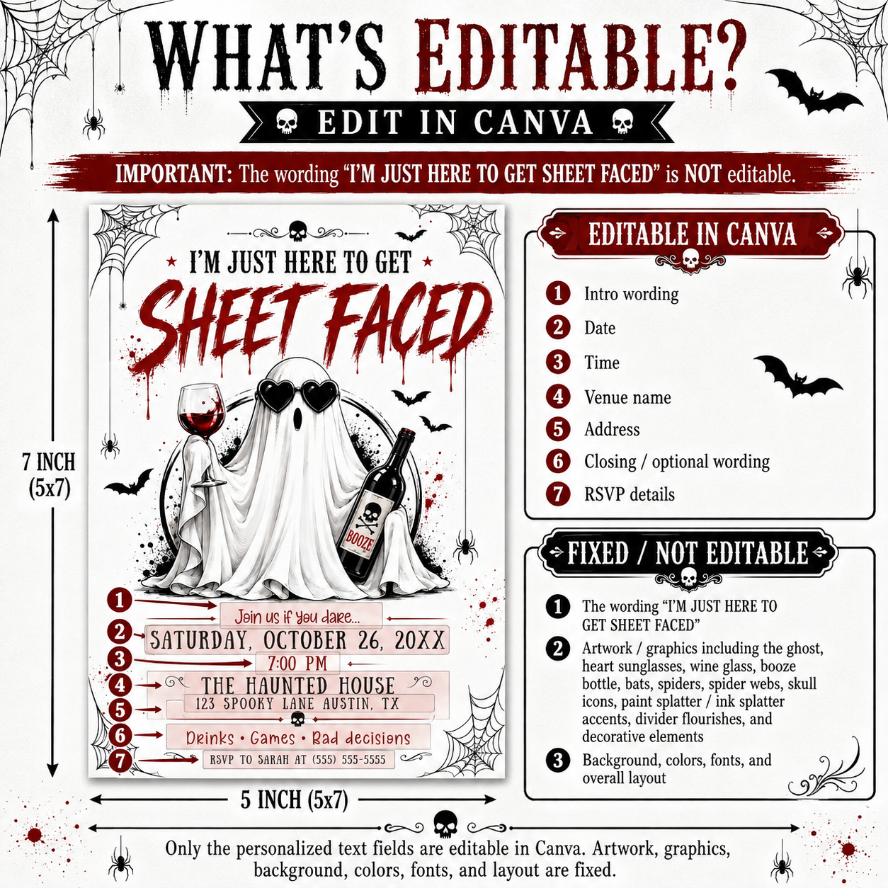 Sheet Faced Halloween party invitation with wine-drinking ghost, heart sunglasses, bats, spiders, skulls, and funny adult Halloween party details