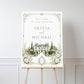 Editable garden estate wedding welcome sign Canva template with watercolour venue illustration, botanical border, and sage green tones