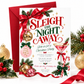 Christmas cocktail party invitation with Sleigh the Night Away lettering, a pink martini, gold and pink disco balls, ribbon bows, and evergreen sprigs
