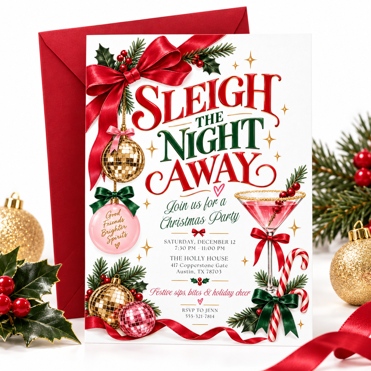 Christmas cocktail party invitation with Sleigh the Night Away lettering, a pink martini, gold and pink disco balls, ribbon bows, and evergreen sprigs