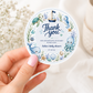 Editable under the sea baby shower round thank you sticker Canva template with watercolour sea turtle, whale, octopus, seahorse, sailboat, coral, shells, and starfish wreath in soft blue tones on a white background