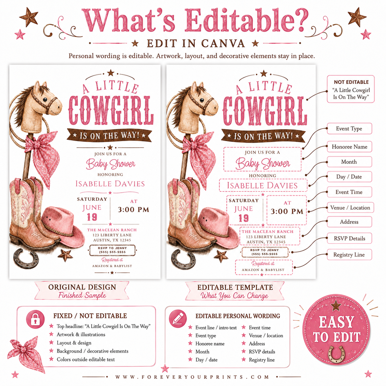 Little cowgirl baby shower invitation with a stick horse, pink cowgirl boots, hat, and bandana in pink and brown