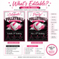 Pink volleyball birthday invitation with a pink and white volleyball and brush strokes in pink, black, and white