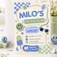 Boys retro birthday invitation in blue and green featuring a smiley face, sunglasses, checkerboard patterns, stars, lightning bolts and a popsicle.