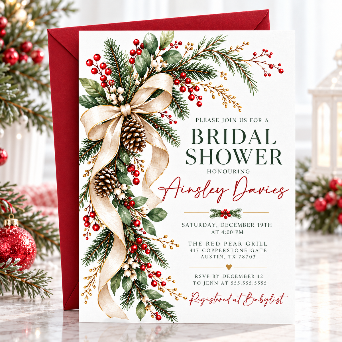 Winter bridal shower invitation with a flowing ivory bow, evergreen branches, red and white berries, snow-dusted pinecones, and gold accents on a white background