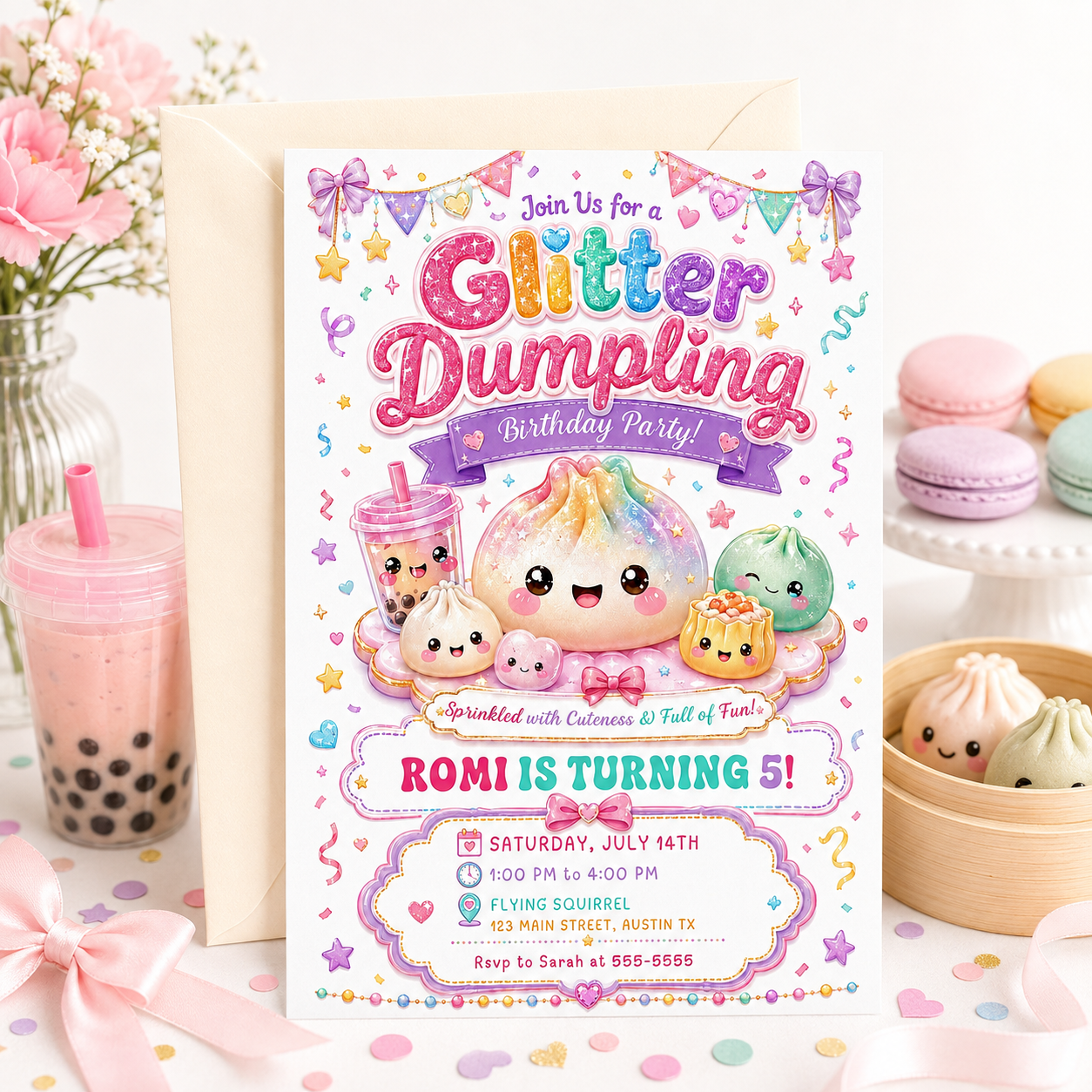Glitter dumpling birthday invitation with kawaii dumplings, bubble tea, pastel confetti, bows, hearts, stars, rainbow lettering, and pink purple teal party details