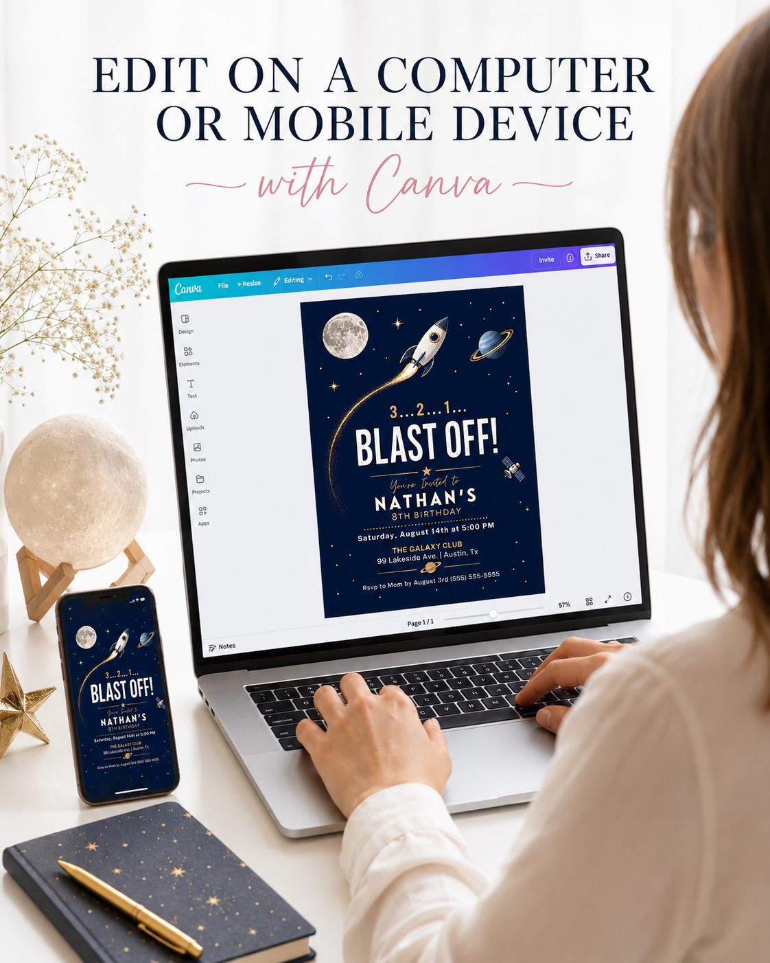 Rocket ship birthday party invitation with a rocket, moon, and planet on a navy and gold space background