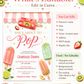She's about to pop baby shower invitation with colorful popsicles and a pink awning in coral, peach, and green