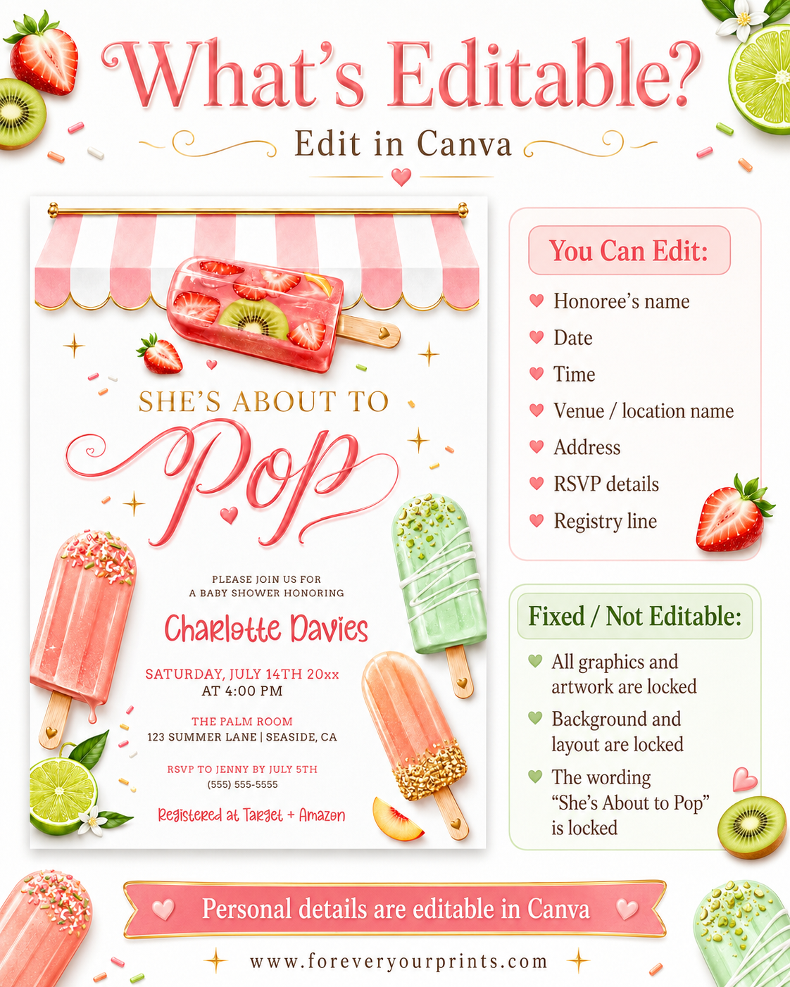 She's about to pop baby shower invitation with colorful popsicles and a pink awning in coral, peach, and green