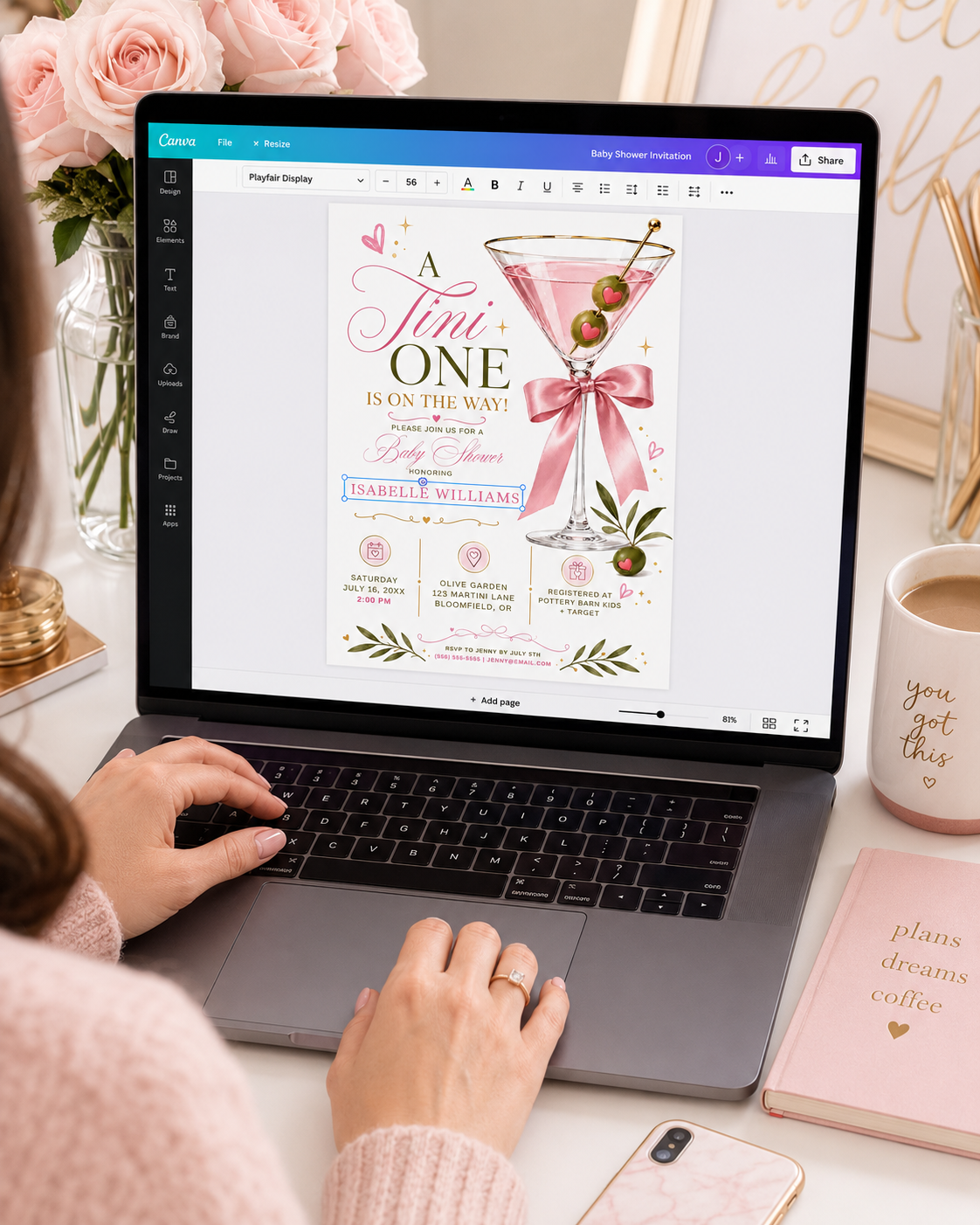 Editable pink martini baby shower invitation Canva template with gold-rimmed martini glass, satin pink bow, heart-topped olives, gold sparkle accents, and olive branch sprigs on a white background