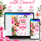 Girls safari birthday invitation with a giraffe wearing pink heart sunglasses, leopard print bows, tropical flowers, and pink and gold balloons