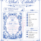 Blue toile baby shower invitation with ornate floral frame, bow, baby carriage, rocking horse, countryside scene, and elegant royal blue vintage details