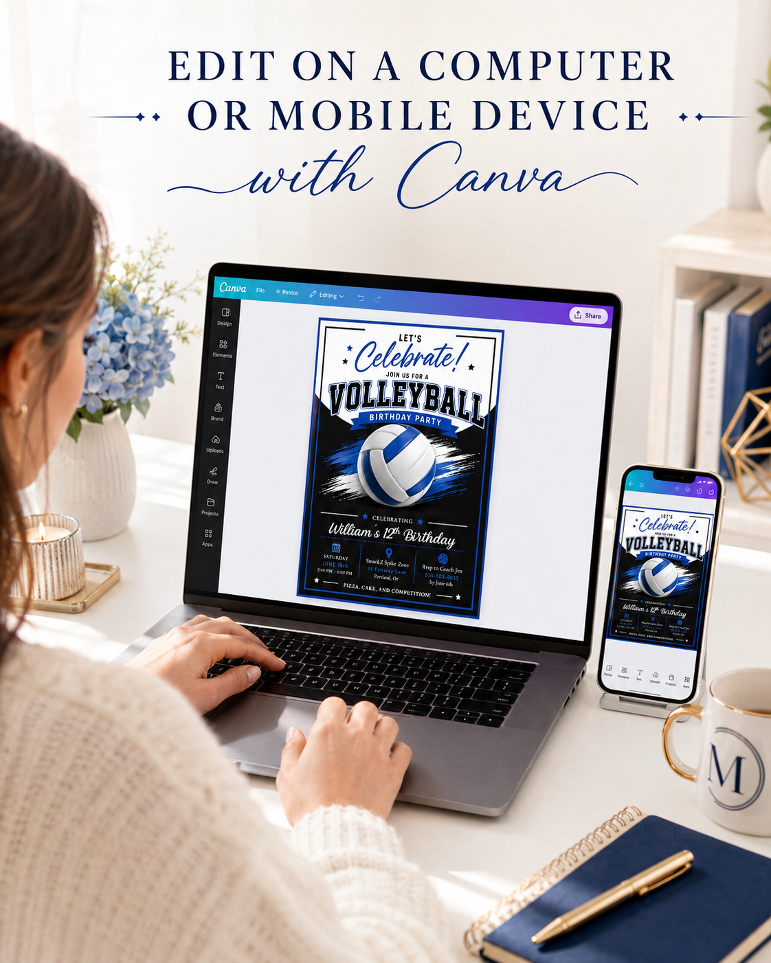 Volleyball boy birthday invitation with a blue and white volleyball and brush strokes in blue, black, and white