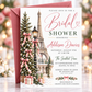 Winter Paris bridal shower invitation with the Eiffel Tower, snow-covered Christmas tree, pink satin bows, vintage streetlamp and wrapped gifts