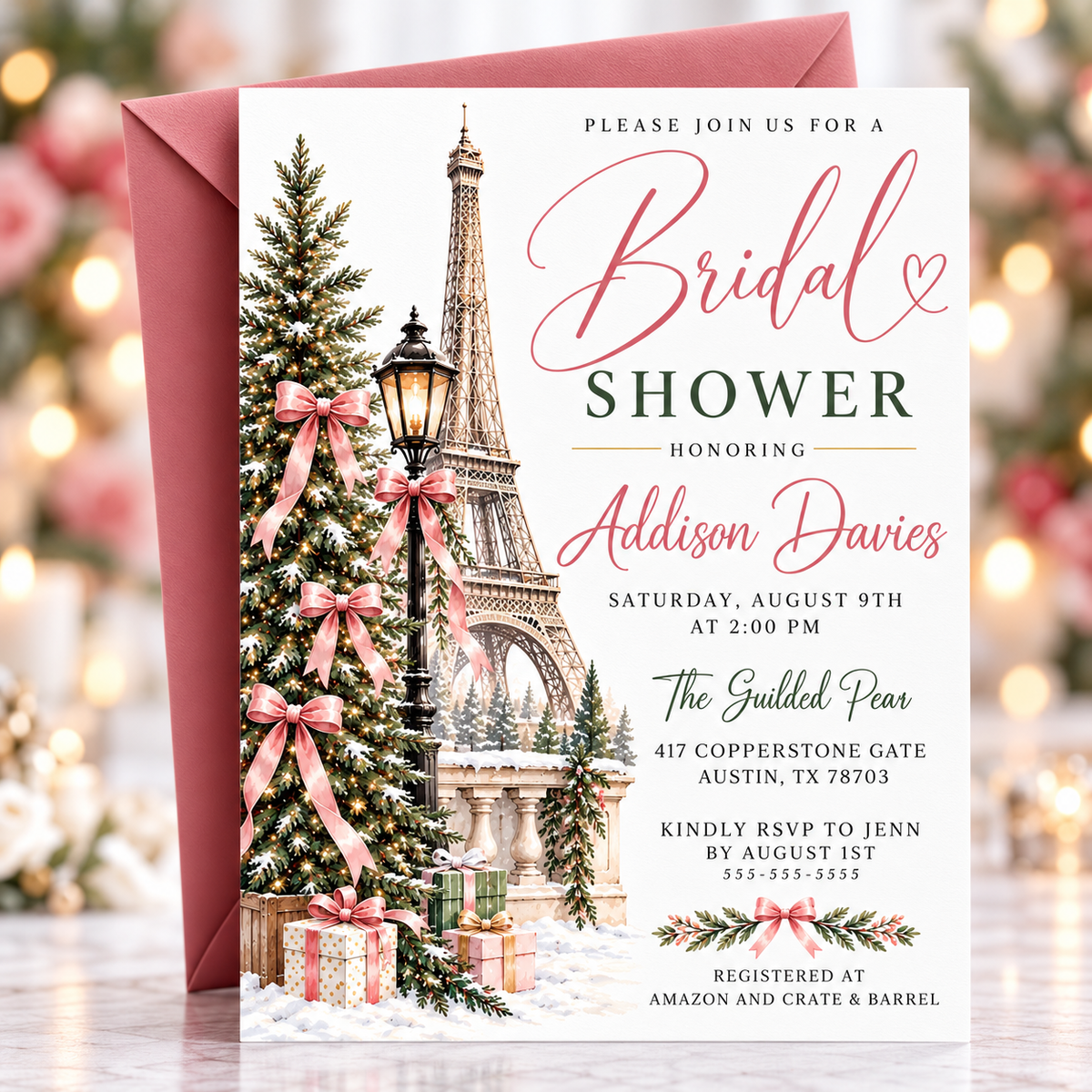 Winter Paris bridal shower invitation with the Eiffel Tower, snow-covered Christmas tree, pink satin bows, vintage streetlamp and wrapped gifts