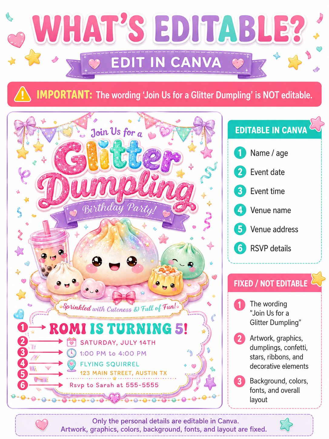 Glitter dumpling birthday invitation with kawaii dumplings, bubble tea, pastel confetti, bows, hearts, stars, rainbow lettering, and pink purple teal party details