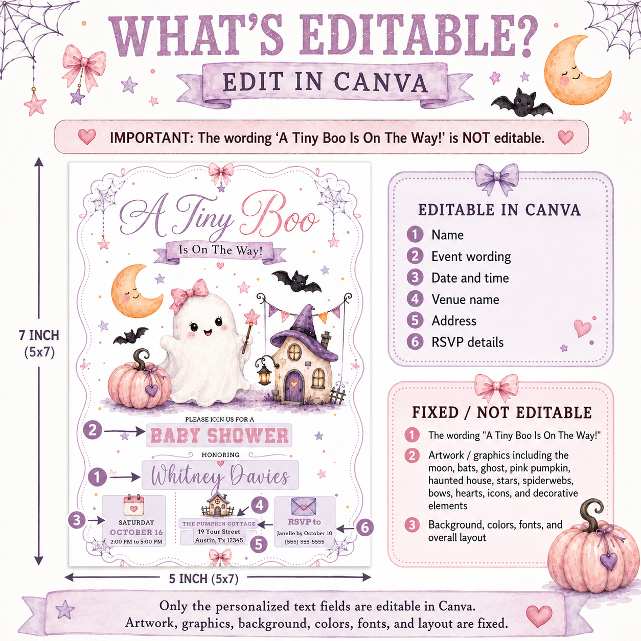 Halloween girl baby shower invitation with cute ghost, pink pumpkin, bats, crescent moon, haunted house, spiderwebs, stars, and pastel Halloween baby shower details