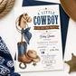 Editable hobby horse cowboy baby shower invitation Canva template with illustrated hobby horse, denim bandana bow, blue cowboy boots, tan hat, horseshoe, and bronze star with bold navy distressed typography on a cream background