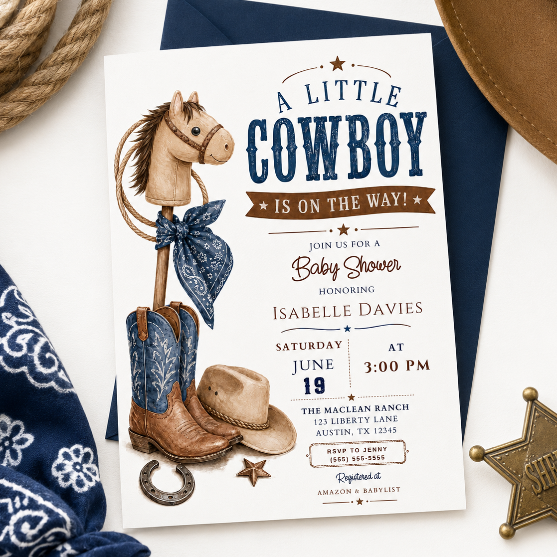 Editable hobby horse cowboy baby shower invitation Canva template with illustrated hobby horse, denim bandana bow, blue cowboy boots, tan hat, horseshoe, and bronze star with bold navy distressed typography on a cream background