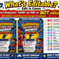 Superhero birthday invitation featuring comic book style boy and girl heroes, city skyline, POW and KAPOW graphics, stars and lightning bolts.
