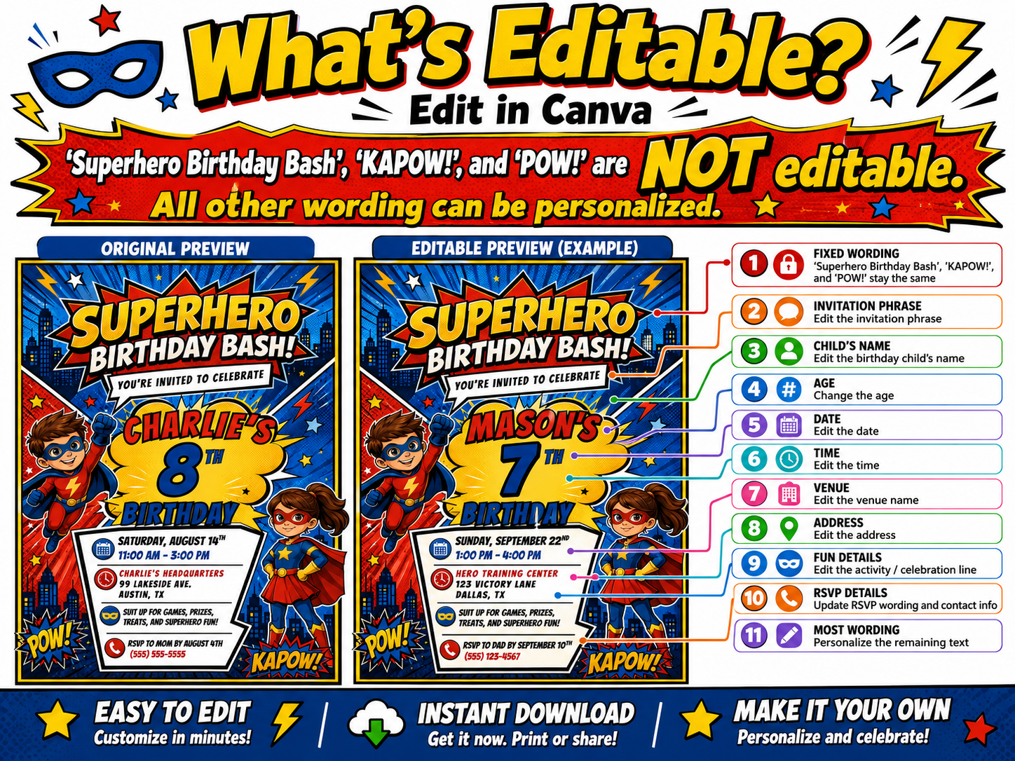 Superhero birthday invitation featuring comic book style boy and girl heroes, city skyline, POW and KAPOW graphics, stars and lightning bolts.
