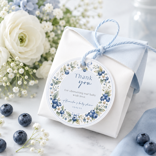 Editable blueberry baby shower round thank you sticker Canva template with watercolour blueberry wreath, white blossoms, blue ribbon bows, and script typography on a soft blue background
