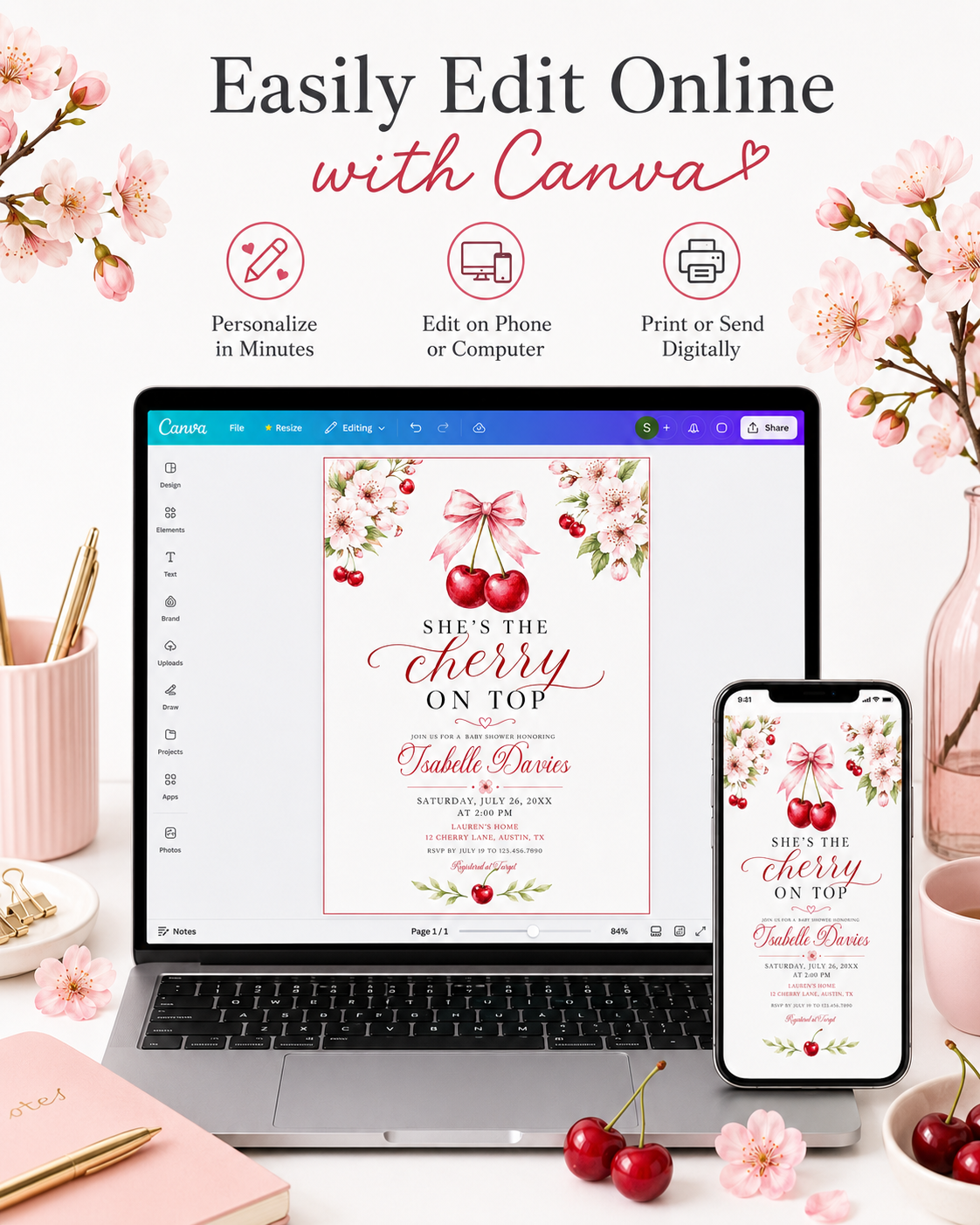Cherry baby shower invitation with watercolor cherries, pink cherry blossoms, leafy branches, pink bow, elegant script lettering, and clean white background
