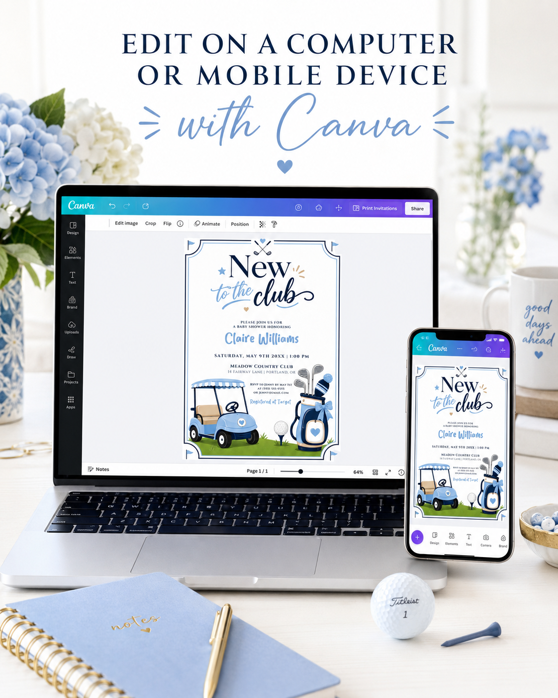 Editable new to the club golf baby shower invitation Canva template with blue golf cart, navy golf bag with bow, crossed clubs, corner pennants, and navy and sky blue typography on a white background