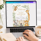 Editable safari baby shower welcome sign Canva template with watercolour monkey, giraffe, elephant, lion cub, and zebra surrounded by eucalyptus and tropical leaves with gold accents on a white background