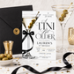 Martini 40th birthday invitation with elegant cocktail glass, olives, black satin bow, gold accents, minimalist white background, and chic milestone party details