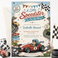 Race car baby shower invitation featuring a teddy bear driving a vintage race car, winding racetrack, checkered flag, stars and baby pit stop signs.
