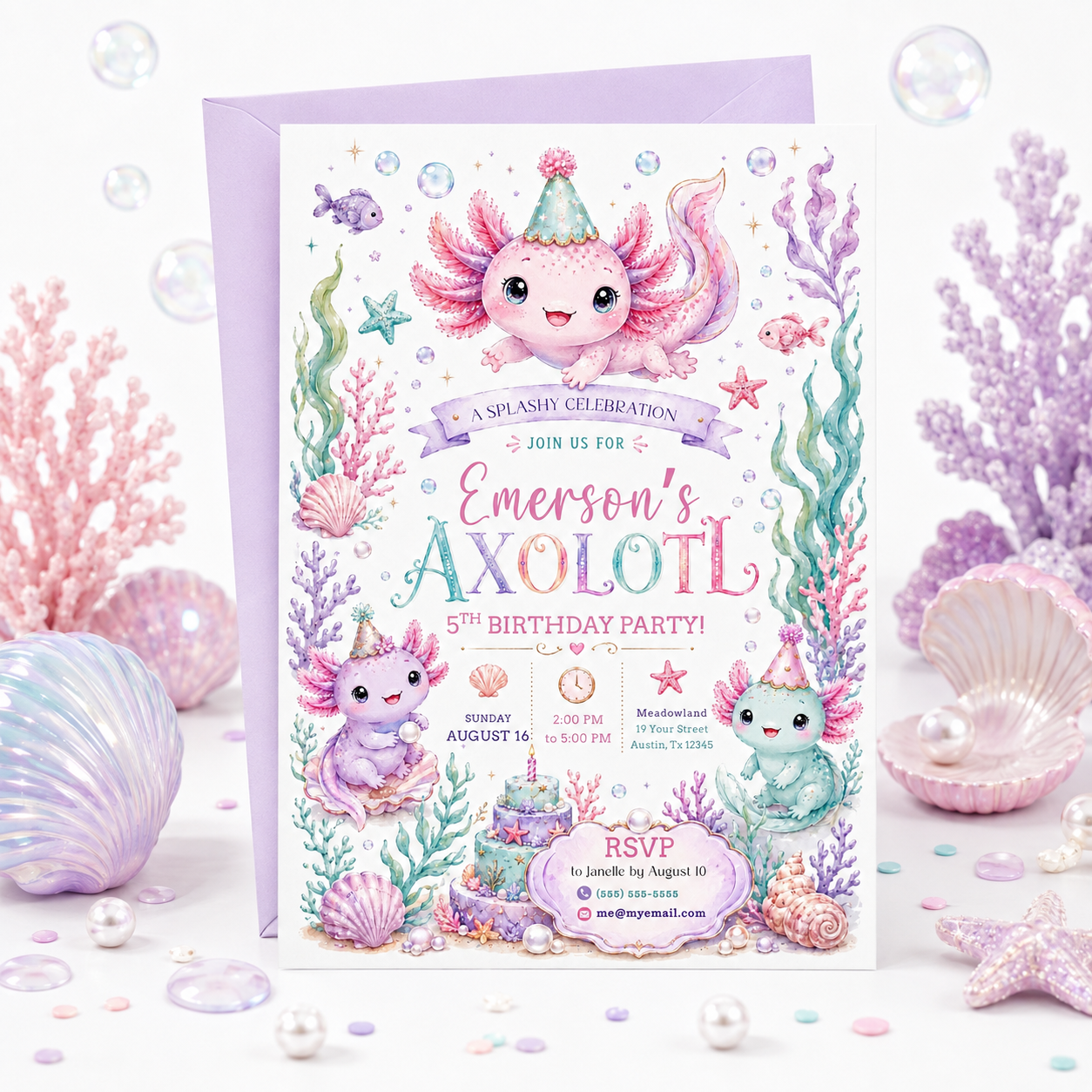 Axolotl birthday party invitation with pastel axolotls, coral, seashells, bubbles, starfish, pearls, ocean cake, and cute under the sea birthday details