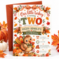Fall 2nd birthday invitation with Our Little Turkey Is Turning Two wording, a cute turkey, orange gingham bow, pumpkins, and autumn leaves