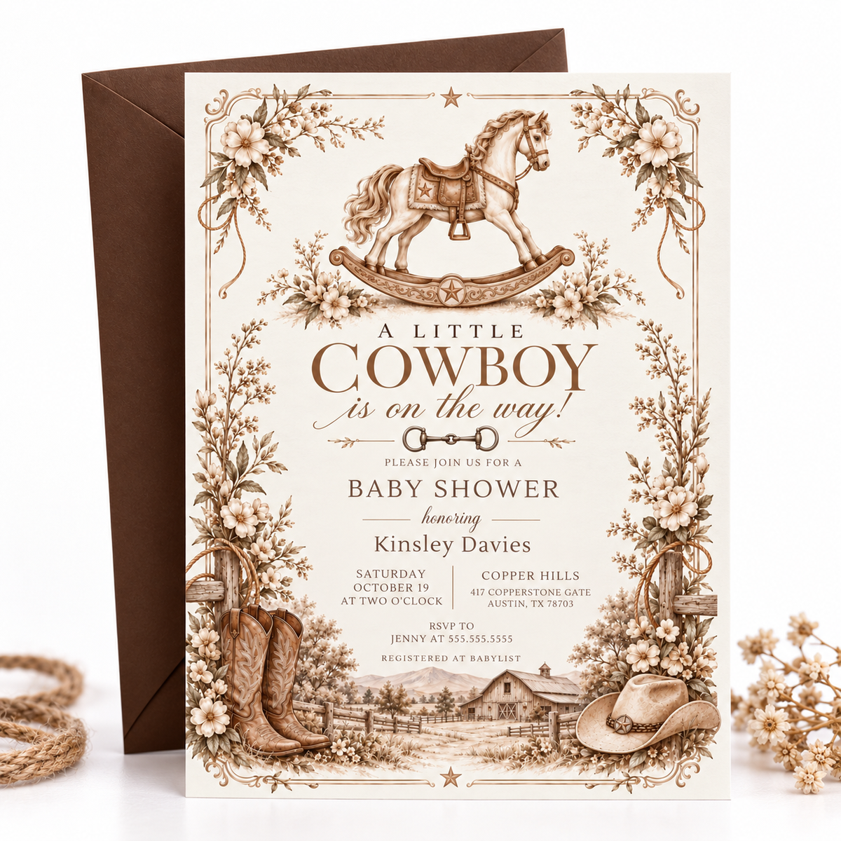 Cowboy baby shower invitation with a brown rocking horse, cowboy boots and hat, rustic barn, and neutral floral border