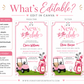 Editable pink golf baby shower invitation Canva template with pink golf cart, hot pink golf bag with bow, crossed clubs, corner pennants, and bold pink typography on a white background